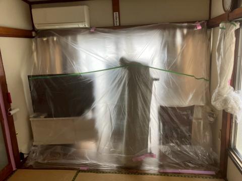 目黒区原町で琉球畳交換のための養生写真