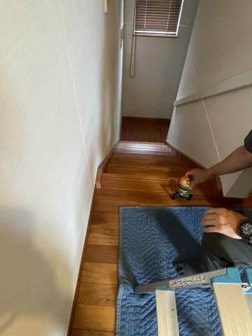 品川区小山で階段部分に猫の脱走防止引き戸をつけるため調査をしている写真