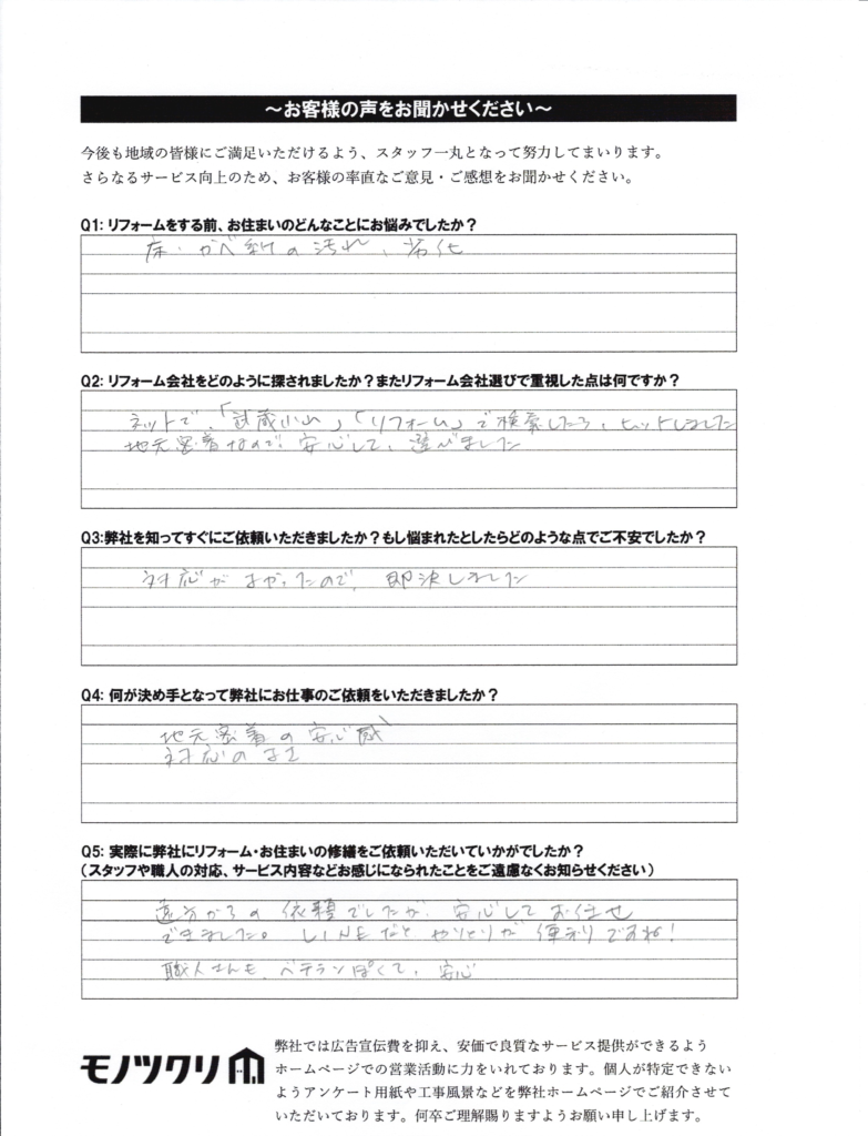 品川区荏原の床、クロス張替え、塗装、クリーニングをご依頼いただいたお客様アンケート